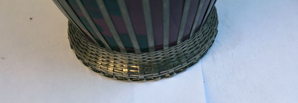 Japanese silver plate overlay basket weave pottery vase 1