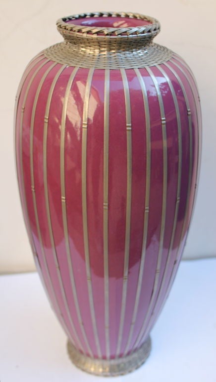 Japanese silver plate overlay basket weave pottery vase 3
