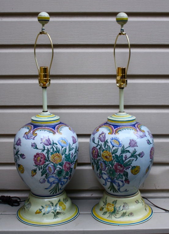 Portuguese hand painted porcelain lamps with wood bases