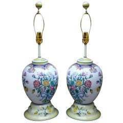Portuguese hand painted porcelain lamps with wood bases
