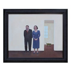 Whimsical painting by Phyllis Carlin of a couple and their cat