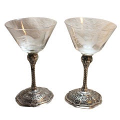 Nice Pair Of Silver  Sherry Or Cocktail Glasses Etched Rooster