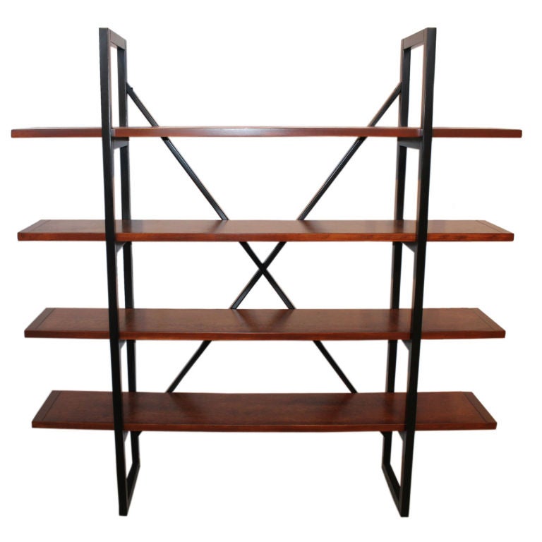 Burl and ebonized etagere shelving