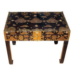 Anglo Southeast Asian Brass decorated lacquer chest on stand