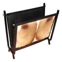 Iron, leather and steer hide magazine rack
