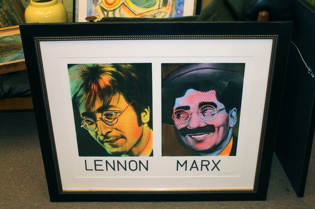 A great iconic image of two legend John Lennon and Groucho Marx. these are silkscreens which were done are artist's paper I believe arches or rives, and then painted or silk screened over with dots. It is signed lower left Ron English.