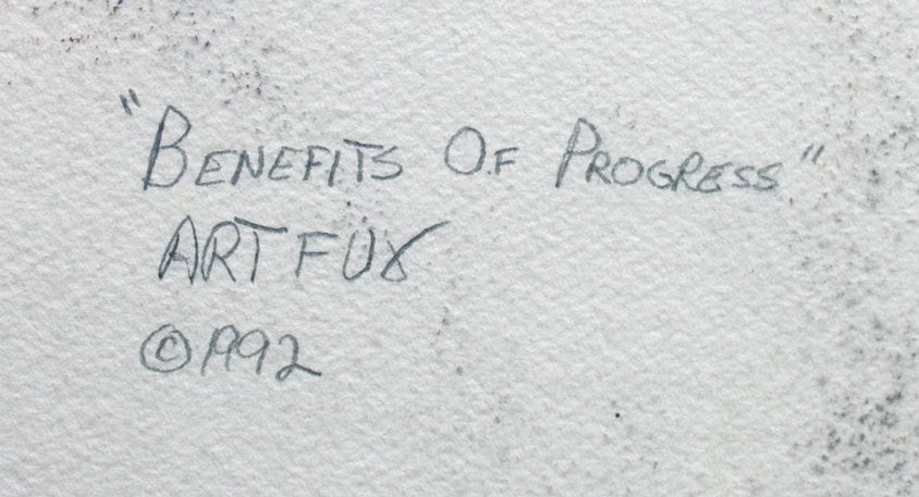 Hand-Painted Benefits of Progress Painting by Artfux, 1992 For Sale