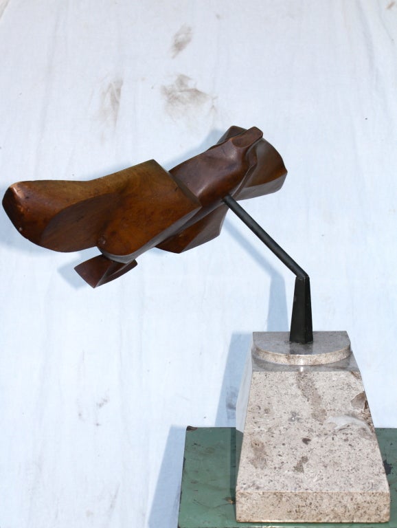 Un meraviglioso uccello in volo in legno intagliato montato su un braccio di bronzo dipinto di nero che si aggancia a una base di marmo. La persona da cui abbiamo acquistato questa scultura ha dichiarato che apparteneva a sua madre e che sua madre