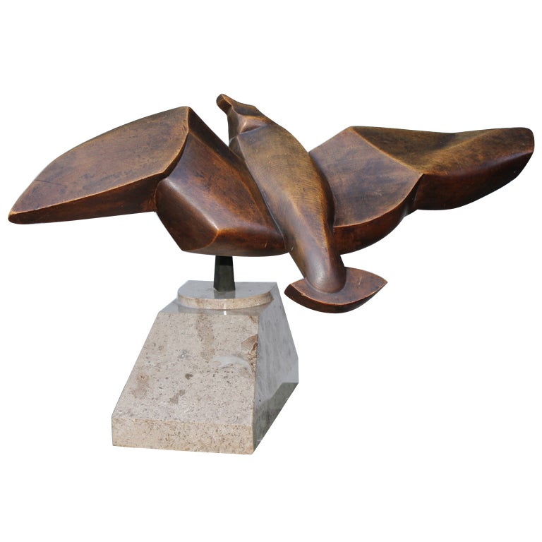 Pivoting Carved Wood Gull on Marble Base