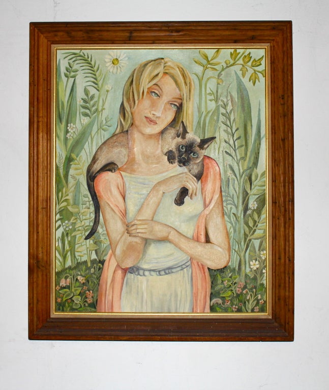 Whimsical o/c woman w/ siamese cat in garden