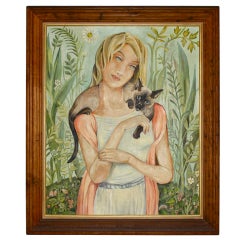 Vintage Whimsical o/c woman w/ siamese cat in garden