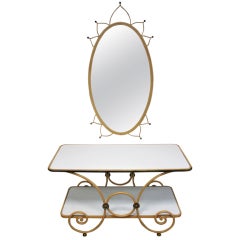 French painted iron and milk glass console and mirror