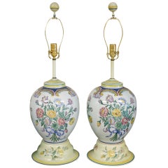 Portuguese Porcelain Lamps with Wood Bases