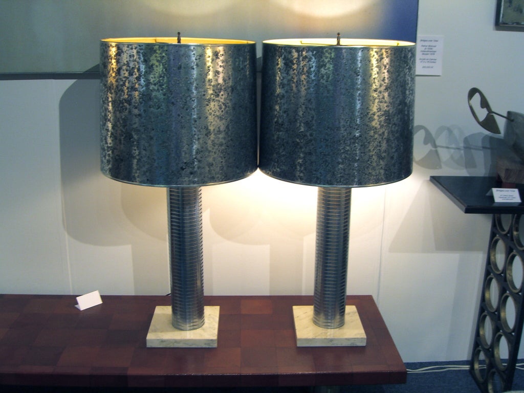 American Unusual Etched Steel Lamps With Original Oil Spot Shades