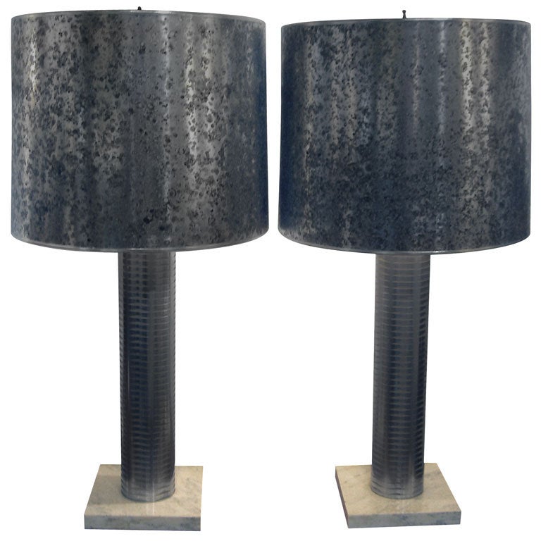 Unusual Etched Steel Lamps With Original Oil Spot Shades