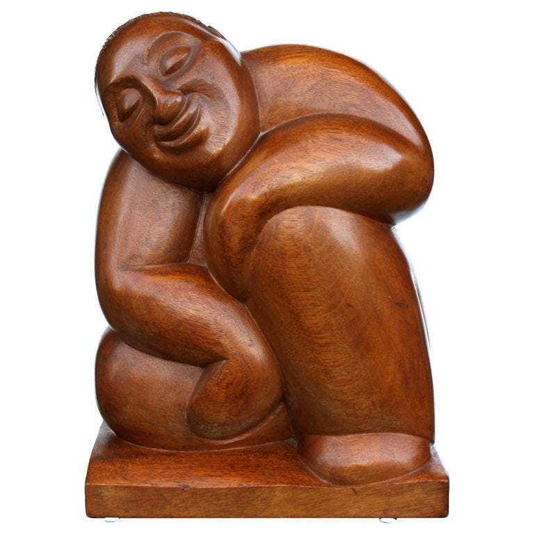 Smiling Fat Man Wood Sculpture By John Rood 1940