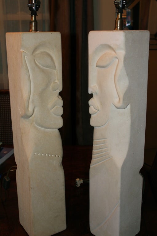 Stylized South Pacific Large Stoneware Lamps In Good Condition In Palm Springs, CA