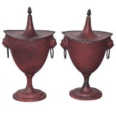 Red Painted Tole Covered Chestnut Urns