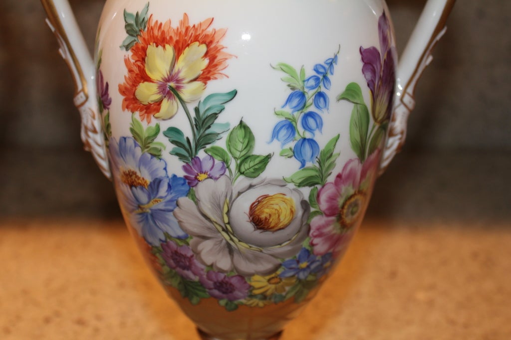 German Pair of hadn painted Dresden porcelain floral urns