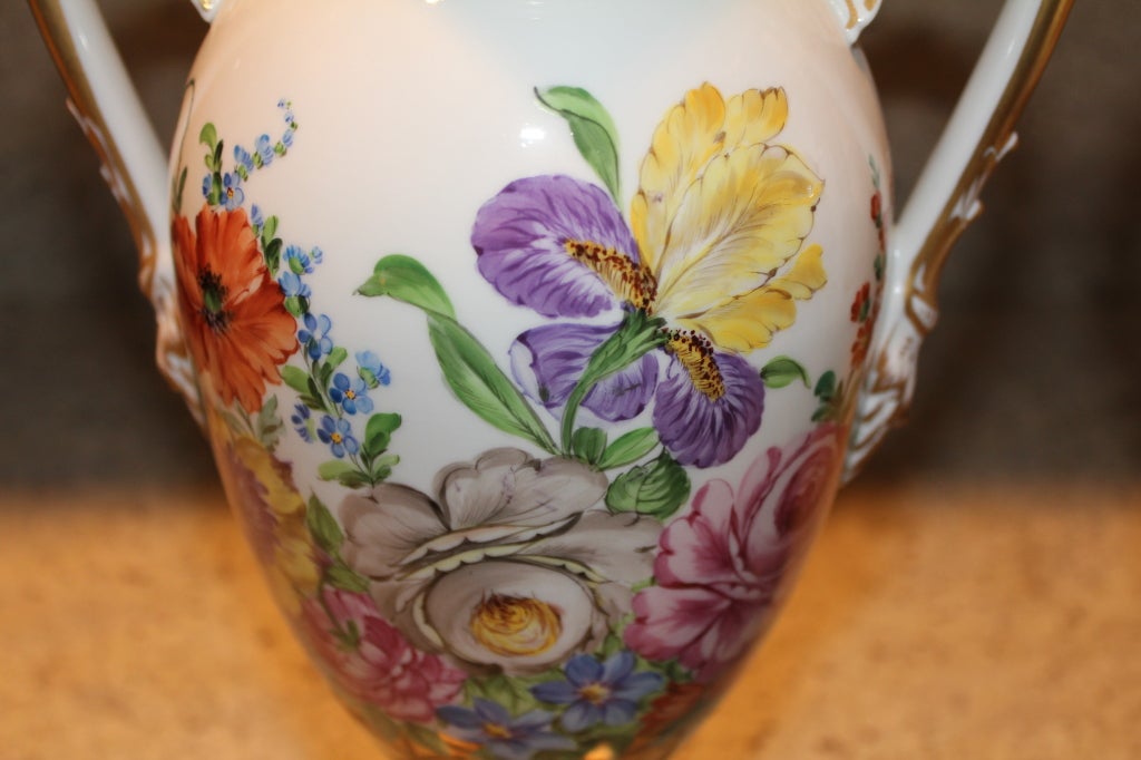 Hand-Painted Pair of hadn painted Dresden porcelain floral urns