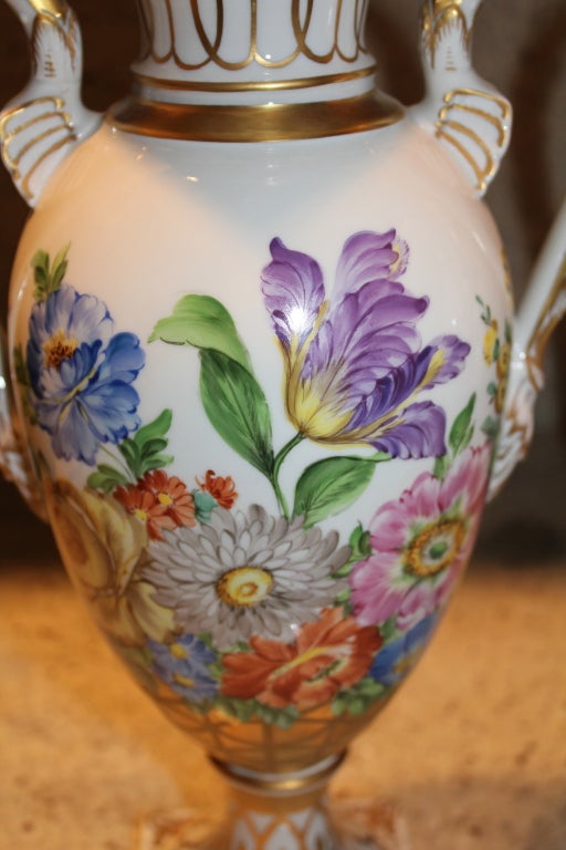 Porcelain Pair of hadn painted Dresden porcelain floral urns