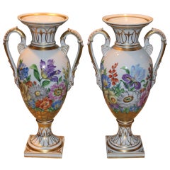 Pair of hadn painted Dresden porcelain floral urns