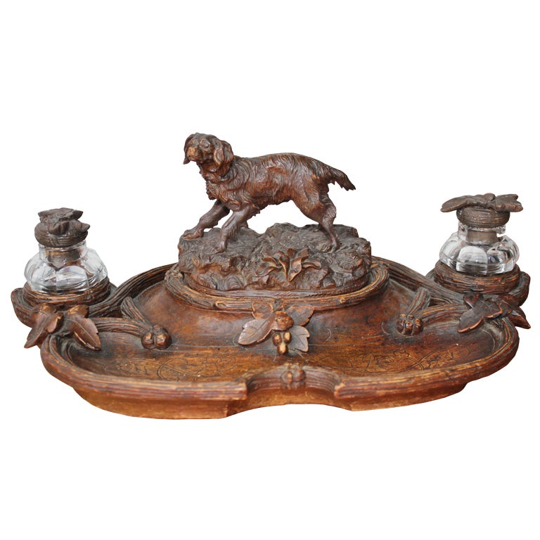 Nice Black Forest Inkwell with Carved Dog