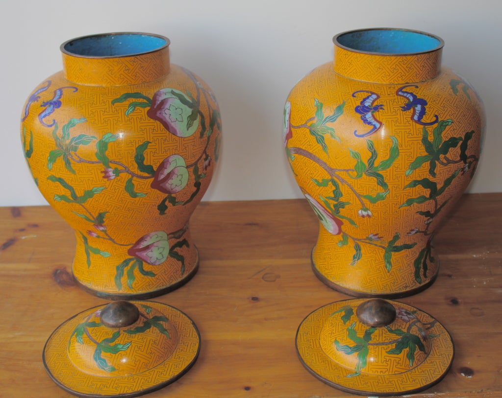 Asian Beautiful Pair Of Cloisonné Covered Vessels With Bats