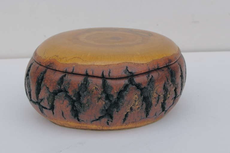 Out of an estate collection of hand turned bowls including some by Edward Moulthrop comes this unique covered box with a cleverly fitted top. Unsigned with a felt base. Not sure what wood it is. There s a crack to the rim, but it may be intentional