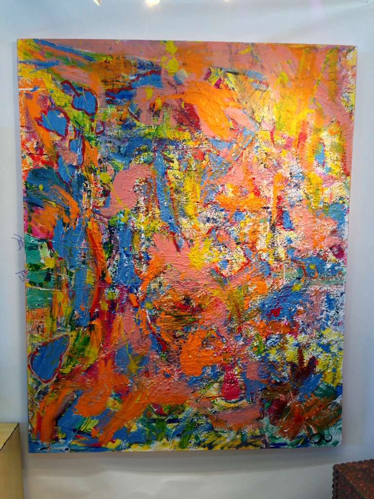 A large vibrant abstract collage that is on a heavy stretcher. Apparently not signed although there appears to be a monogram. Out of the estate of Michael Heinrich who it was said was a friend of Jeff Poons.
 