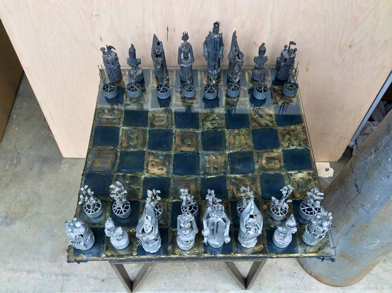 Purchased in 1966 directly from the artist this chess set was custom-made by Bruce Friedle. We have a copy and the original receipt dating to 1966. The name if the buyer has been deliberately blocked from the photo but the buyer if this unique chess