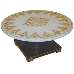 Antique Pietra Dura Marble Inlaid Table on Fluted Greek Key Base