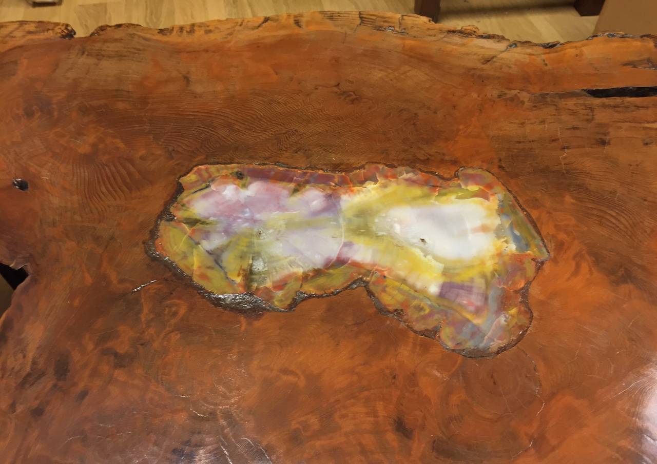 A beautiful burl table with an inlaid piece of Arizona petrified wood with a most unusual shape. The iron or Steel legs are wrapped in black leather. A truly unusual table.
Please take a moment to visit our art gallery on 1stdibs listed under Koren