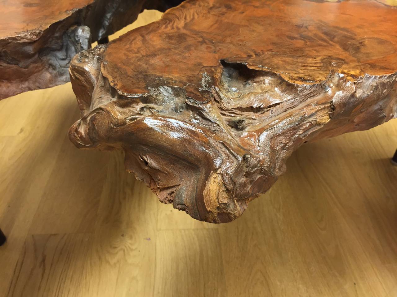American Beautiful Burl Artisan Table with Leather Wrapped Feet