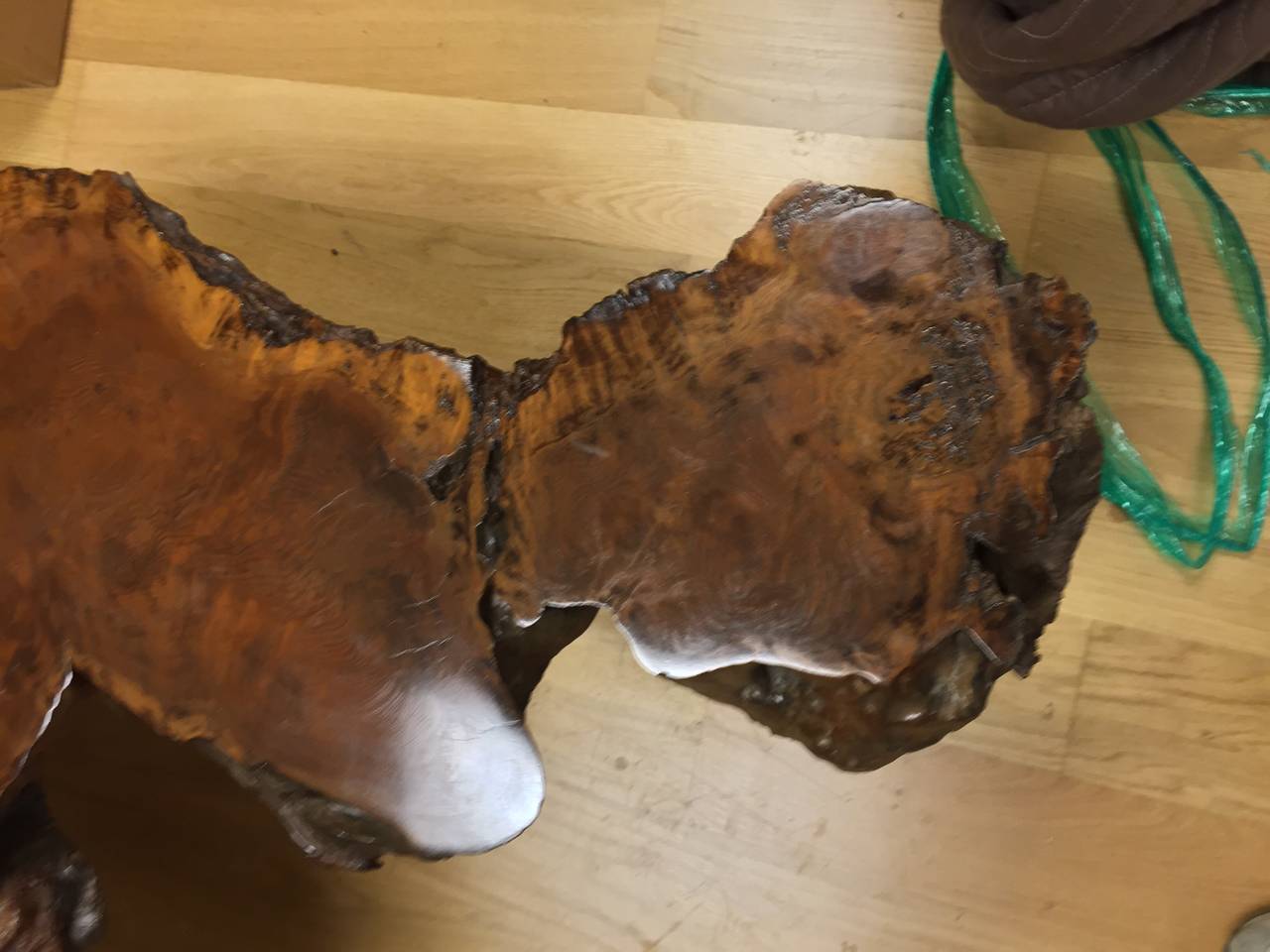 Beautiful Burl Artisan Table with Leather Wrapped Feet In Good Condition In Palm Springs, CA