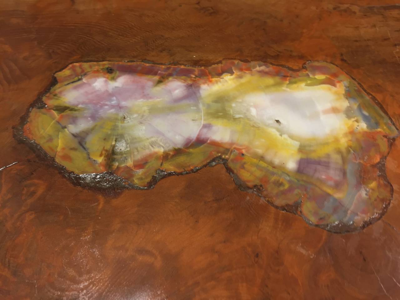 Beautiful Burl Artisan Table with Leather Wrapped Feet 1