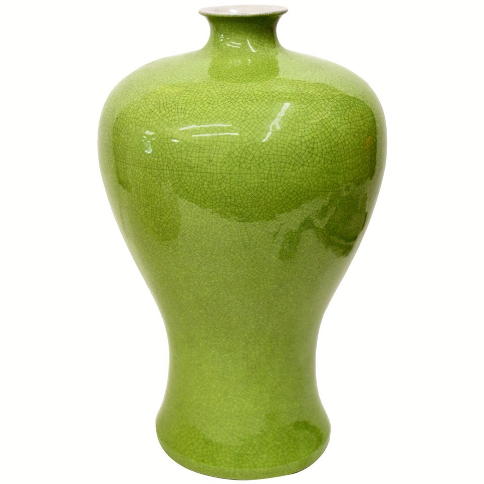 Asian lime green crackle glaze signed large vessel