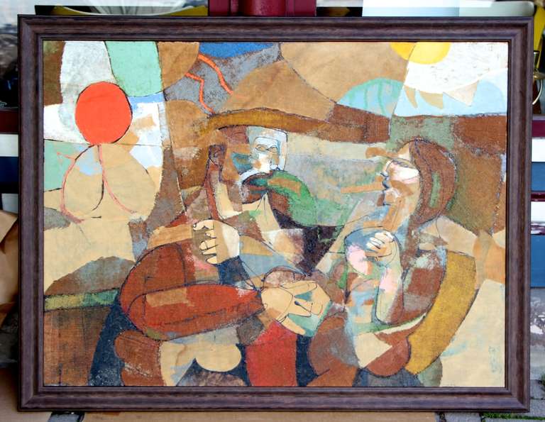 A newly framed oil, sand and collage on board by the noted artist William A McCloy. The painting was purchased from his estate and signed below the edge of the frame, and right above is a title and the date of 1961.
Biography follows:

Born