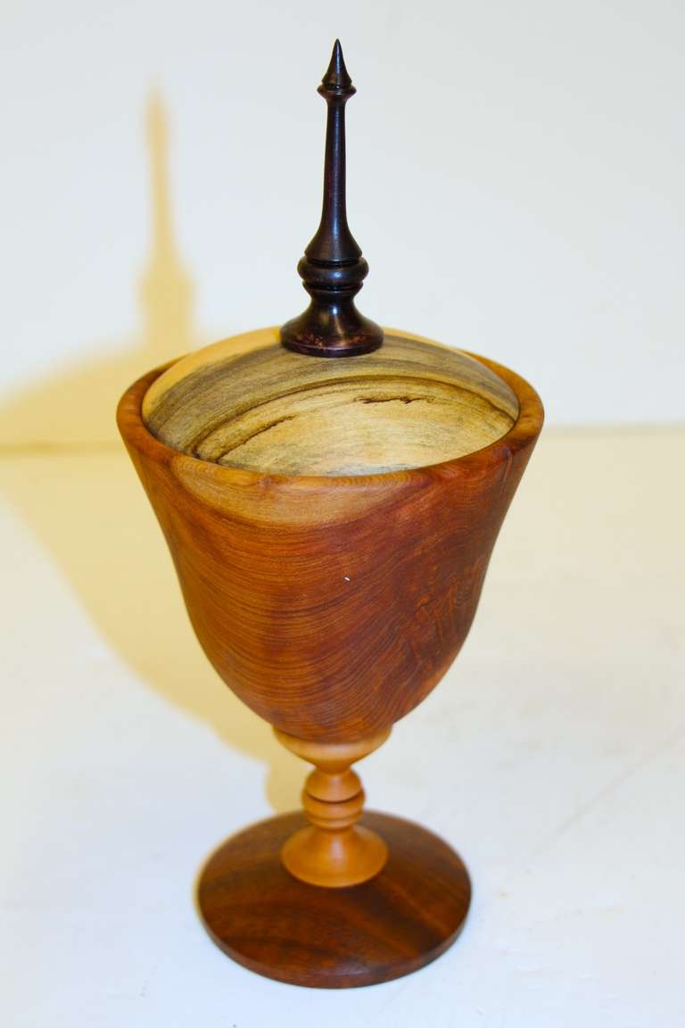 A graceful hand turned wood covered vessel by the noted Northern California artist Paul Maurer.  This exquisite lidded vessel is, like all of Maurer's work from fallen wood.