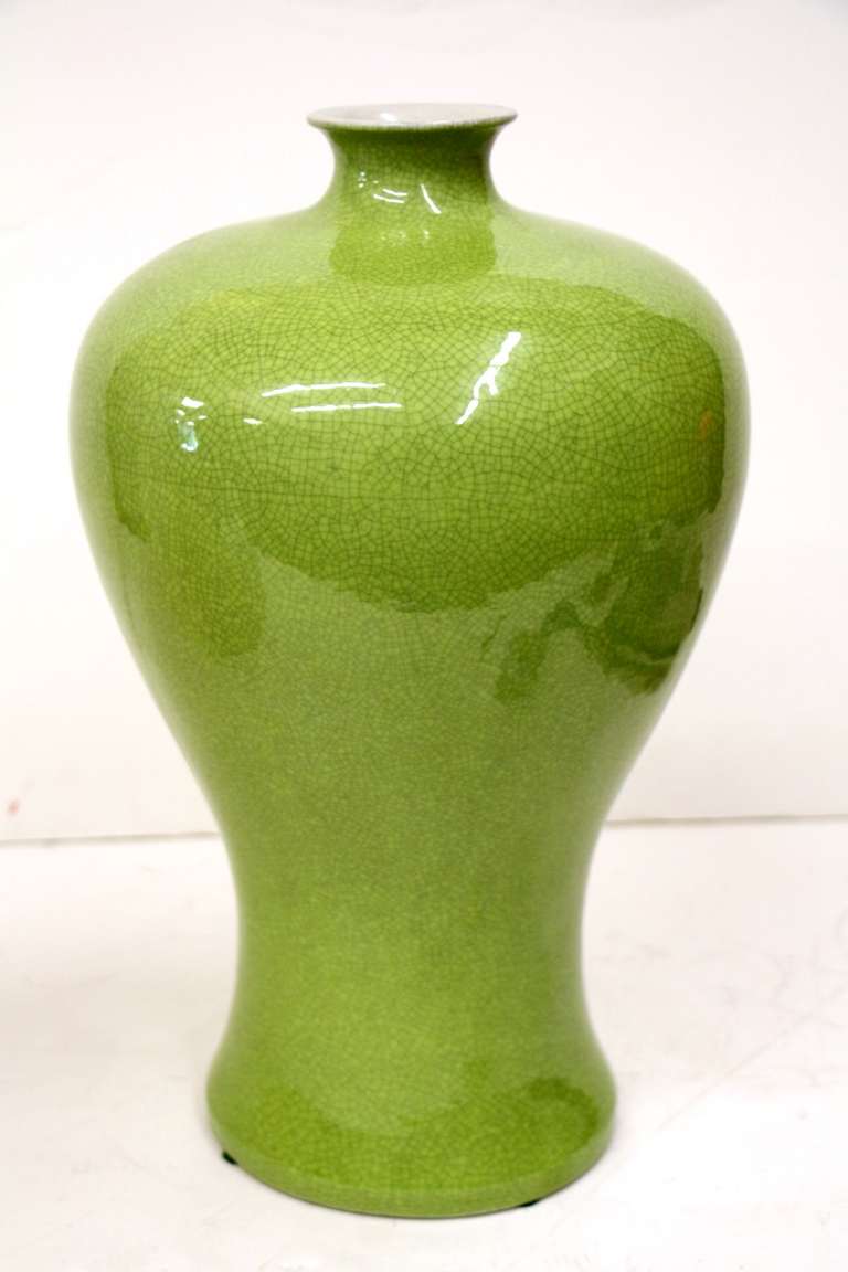 A beautiful lime green crackle glaze Asian vase, most likely Chinese.
Excellent color and form.