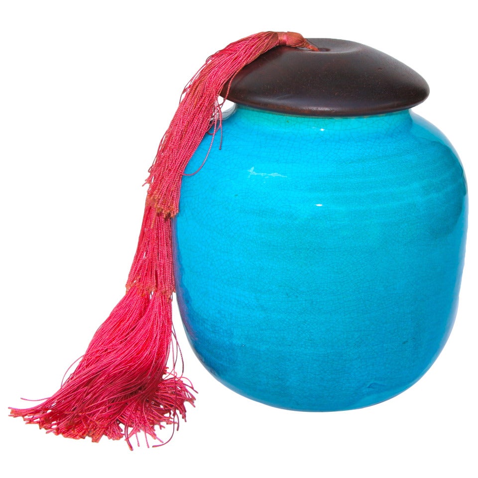 Vase en poterie émaillée turquoise craquelée Jean Besnard