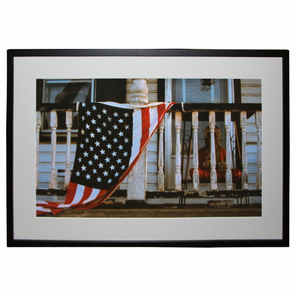 Photograph circa 1990 Flag with Buddha For Sale