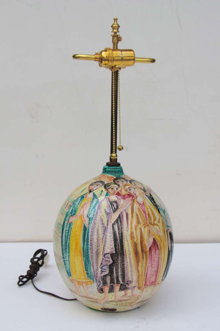 Marcel Fantoni hand-painted figural lamp signed on the base. New cast brass cluster on top and completely re-wired. A beautiful example of mid-century Italian ceramic functional art. Dimensions below are to the finial top, the vase is actually 11.5