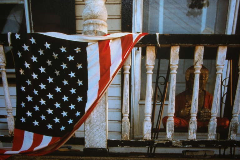 American Photograph circa 1990 Flag with Buddha For Sale