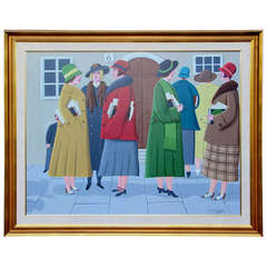 Vintage Oscar de Mejo Painting, 1985, Titled, "Omaha Coeds"