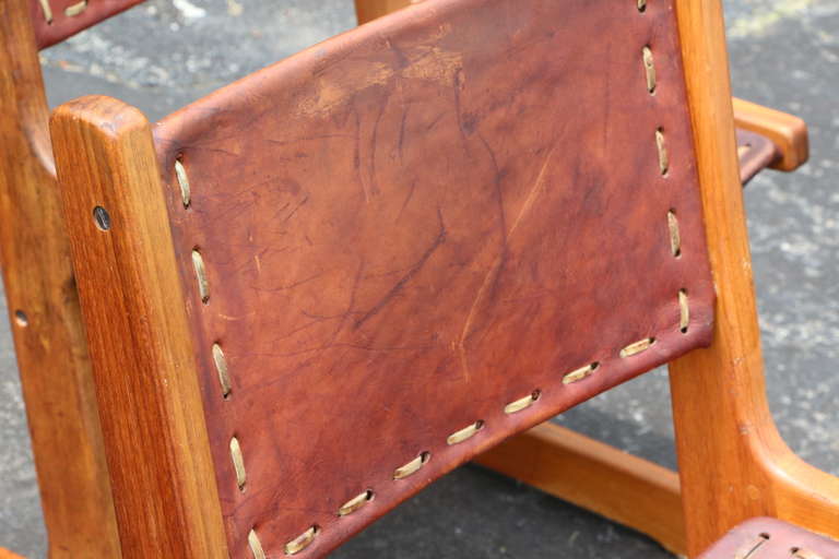 Southwest Style Leather and Wood Chairs Labeled 
