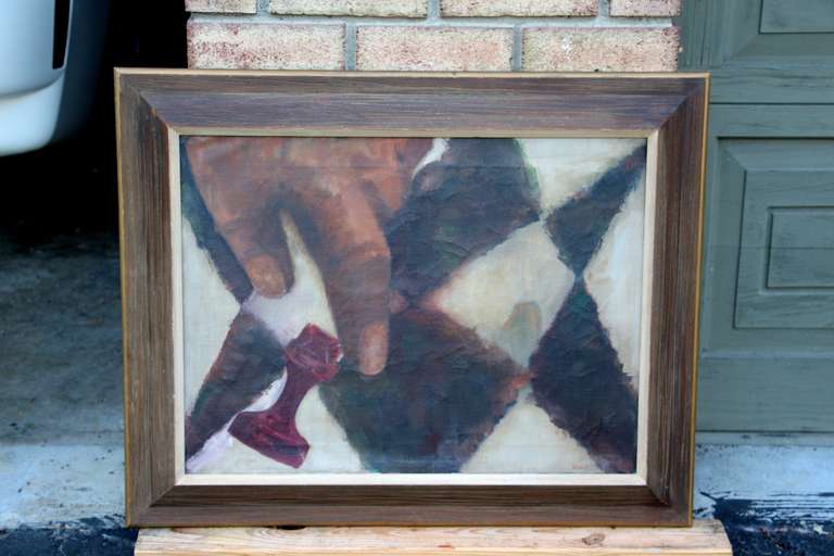 A very nice period 1958 painting by Joan Schubert of hand moving a chess piece. cubist in feeling It is signed lower right and signed on the back and dated 1958. It also bears a sticker with the artist's address. Nice period wood frame. Stretcher