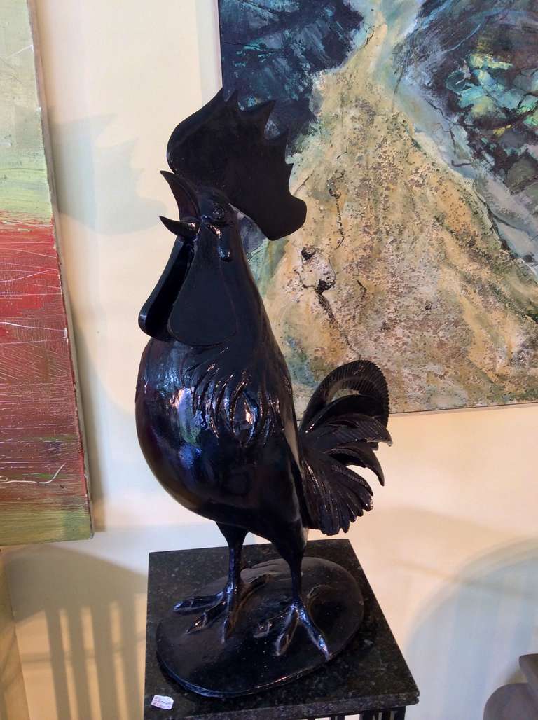 A bronze rooster painted black signed on the feathers Offner. Elliot Offner was a master of bird sculptures and water colors. His obituary from the ny times follows:
In 1956, Mr. Offner met Rosemary (O’Connell) in New York. They were married for 53