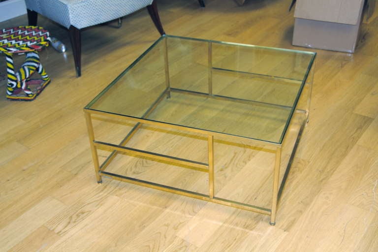 Asymmetrical Brass Coffee Table with Glass Top
