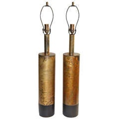 Pair Of Oxidized Metal And Leather Wrapped Lamps